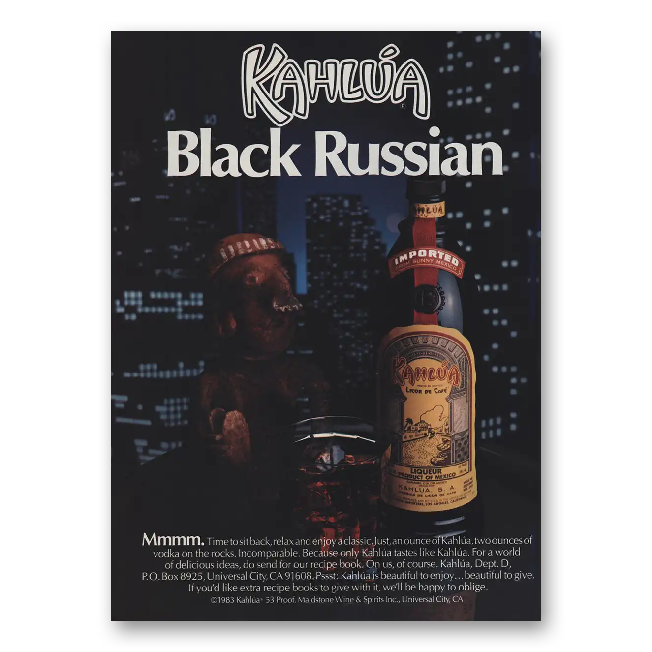 1984 Kahlua Black Russian Mmm Time to Sit Back and Relax Vintage Magazine Print Ad