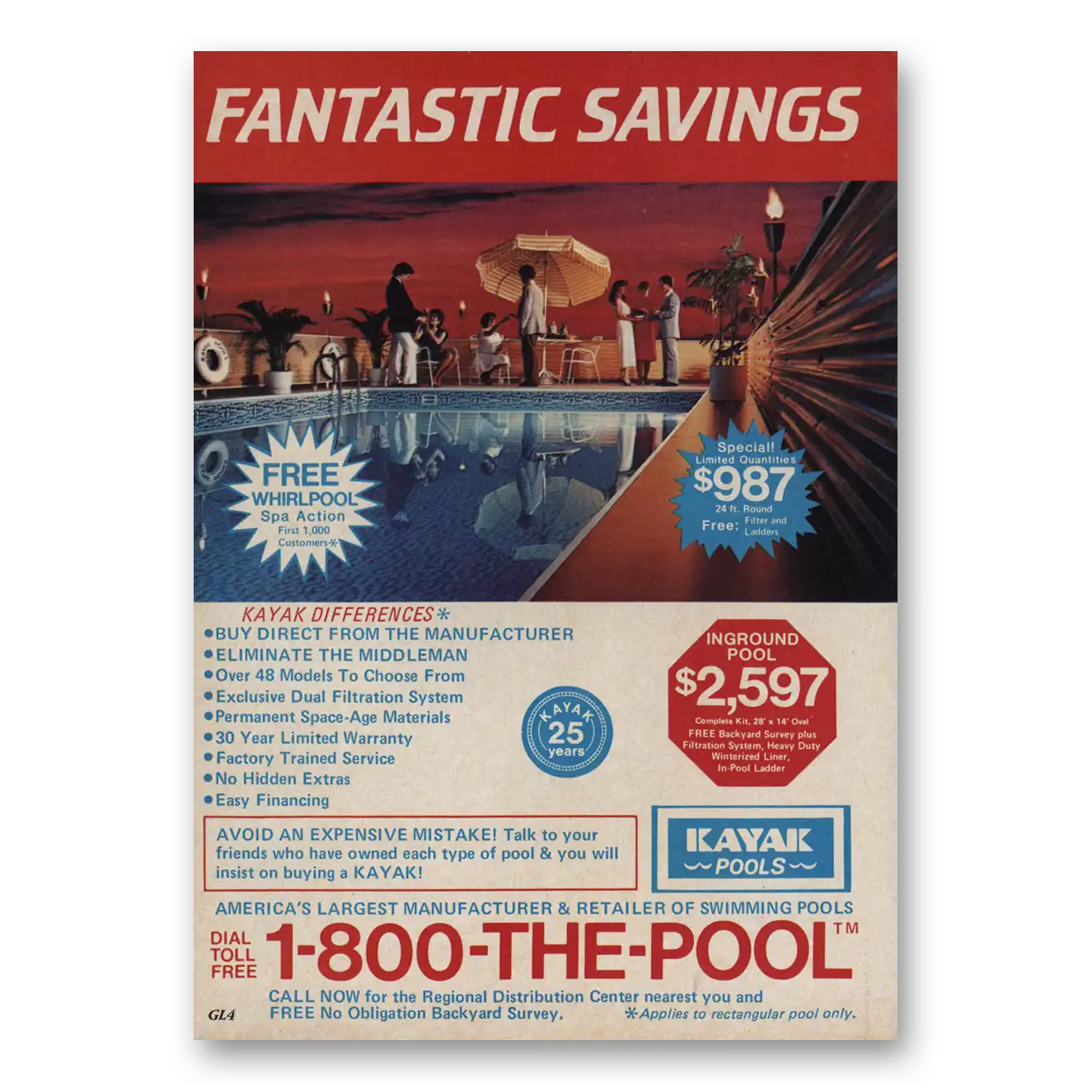 1984 Kayak Pools Fantastic Savings Vintage Magazine Print Ad