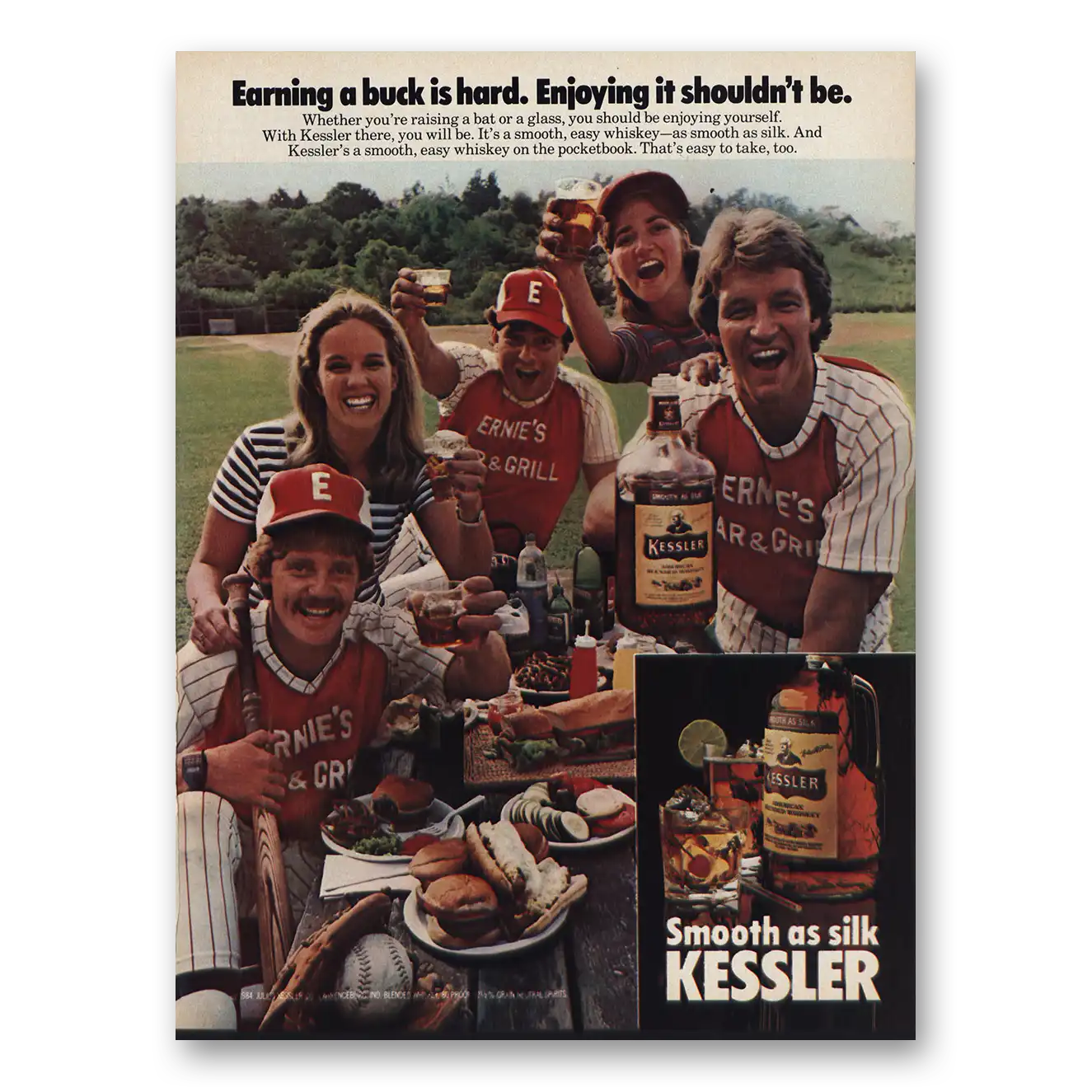 1984 Kinsey Whiskey Earning Buck Is Hard Vintage Magazine Print Ad