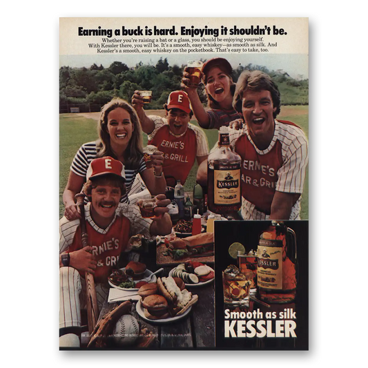 1984 Kinsey Whiskey Earning Buck Is Hard Vintage Magazine Print Ad