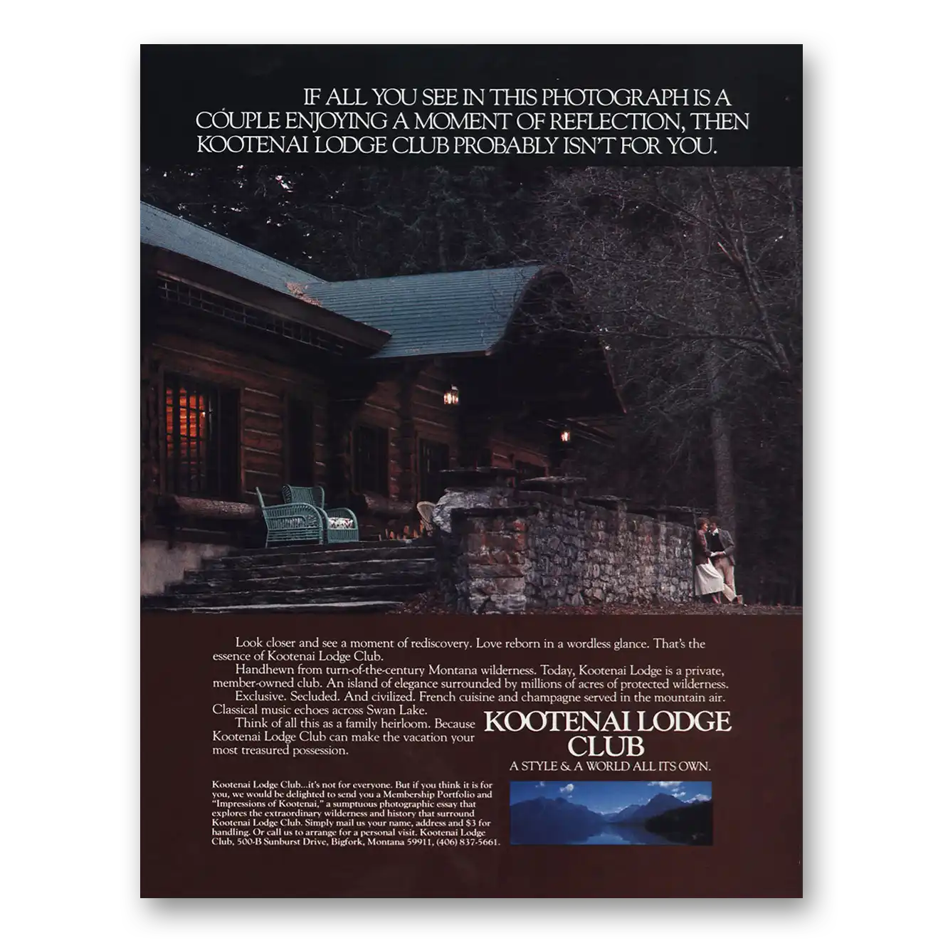 1984 Kootenai Lodge Club Moment of Reflection Vintage Magazine Print Ad