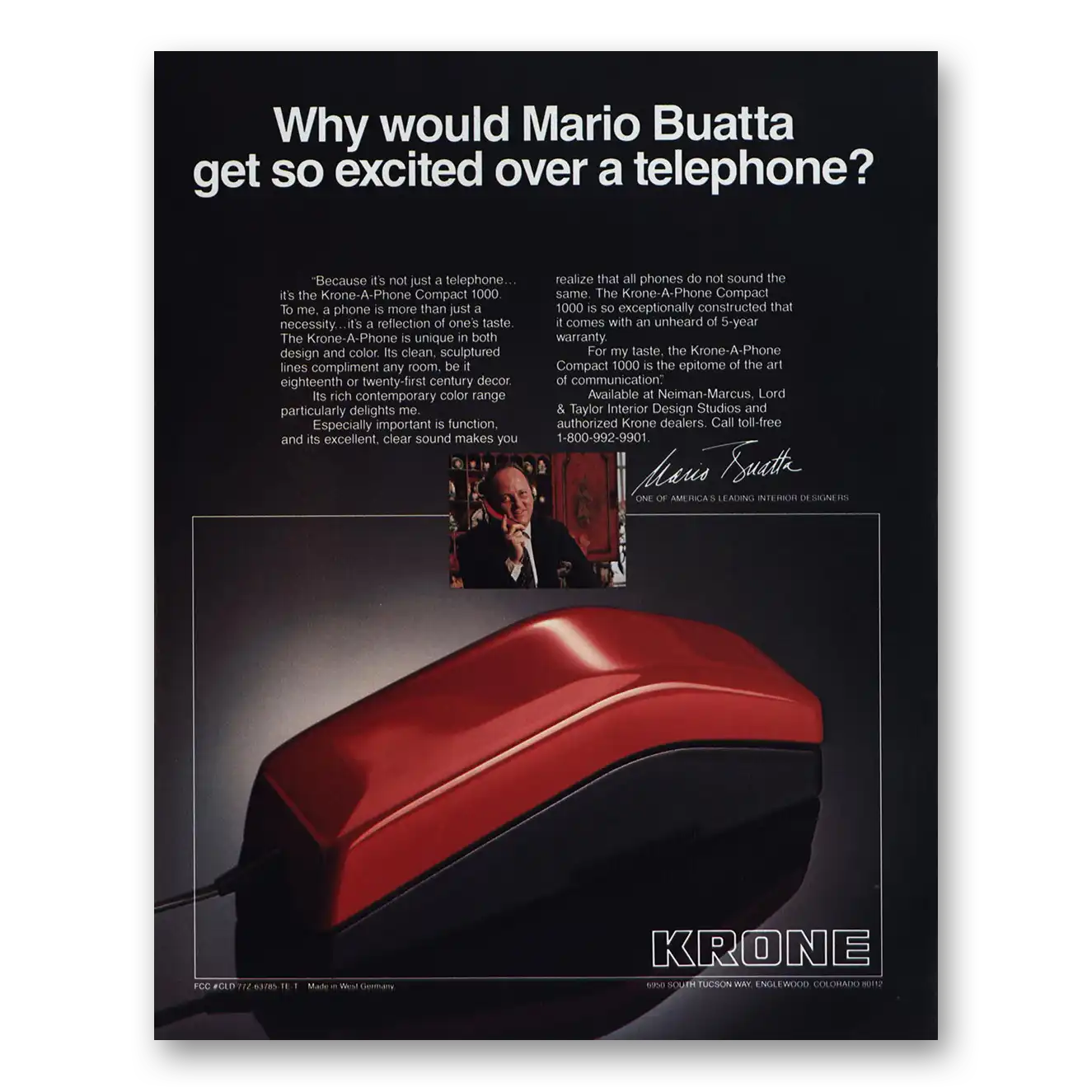 1984 Krone Telephone Mario Buatta Get So Excited Vintage Magazine Print Ad