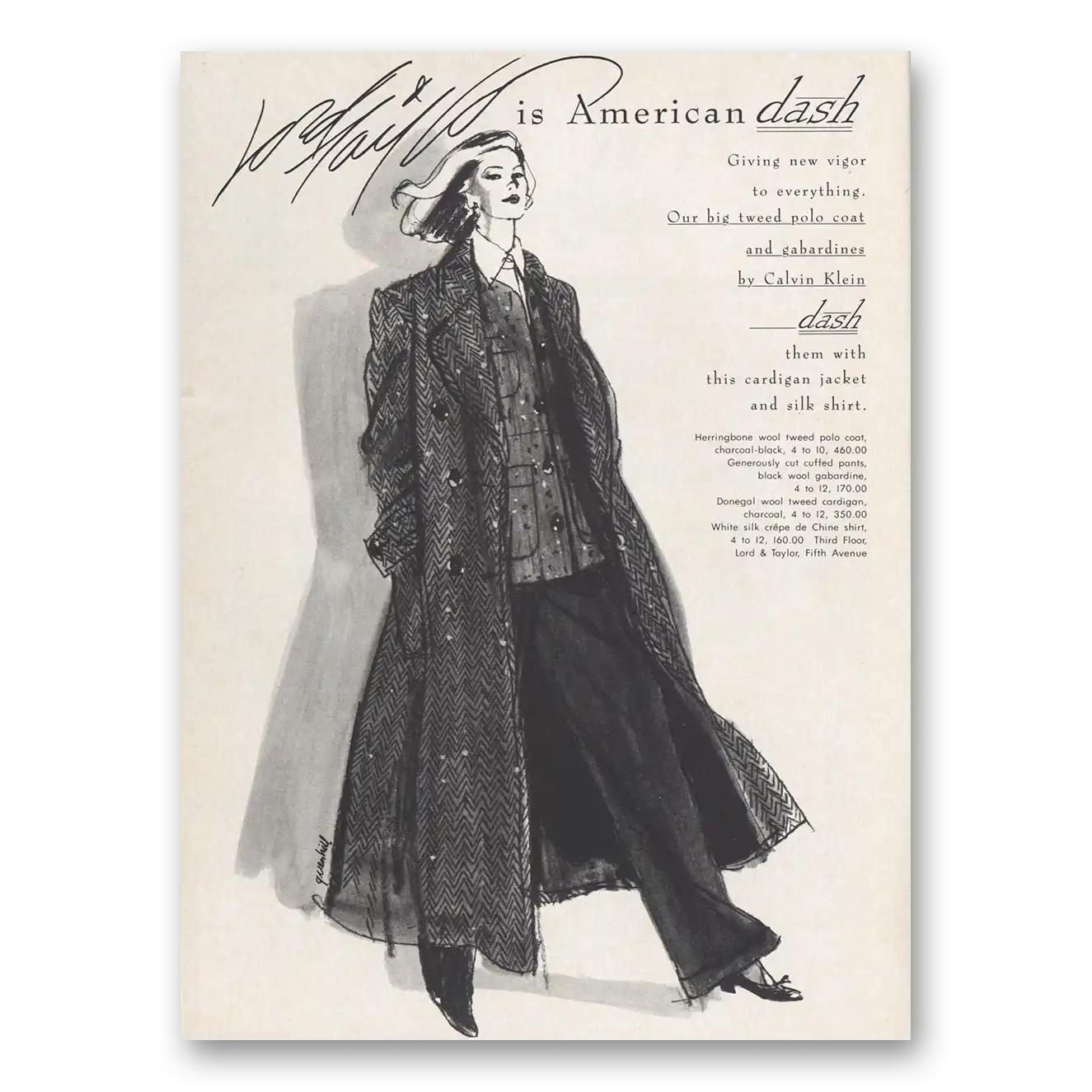 1984 Lord & Taylor Big Tweed Polo Coat Calvin Klein Vintage Magazine Print Ad