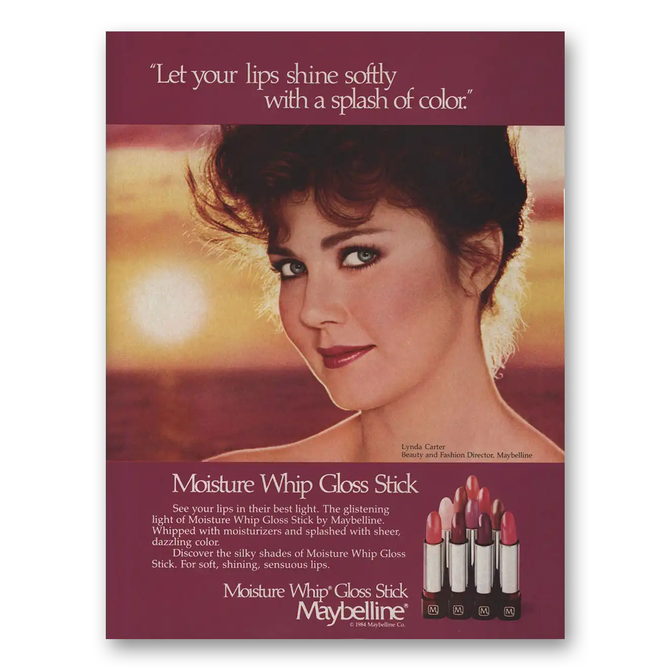 1984 Maybelline Moisture Whip Lipstick Moisture Whip Gloss Stick Lynda Carter Vintage Magazine Print Ad