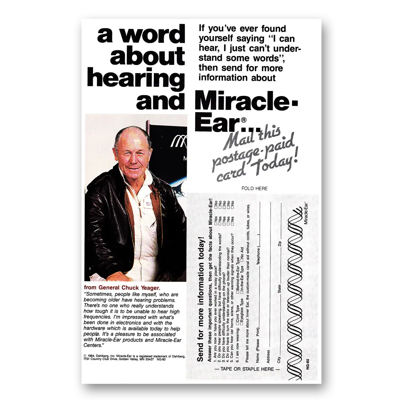 1984 Miracle Ear Hearing Aid Chuck Yeager Wally Schirra Vintage Magazine Print Ad