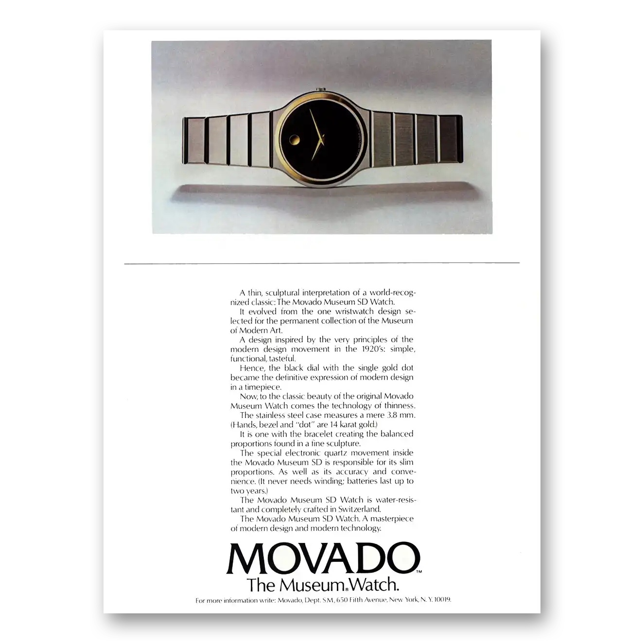 1984 Movado Watch Thin Sculptural Interpretation Vintage Magazine Print Ad