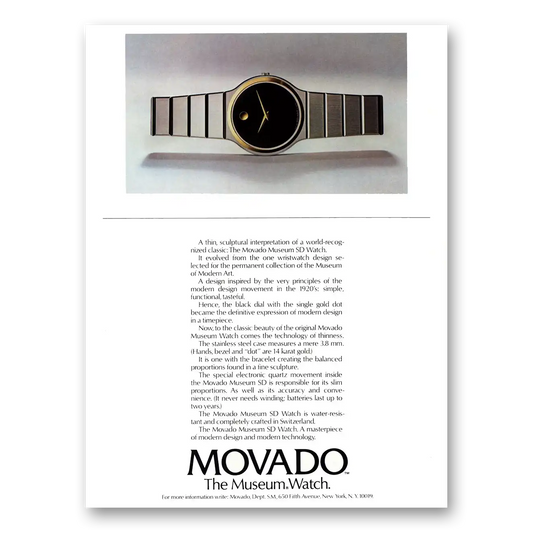 1984 Movado Watch Thin Sculptural Interpretation Vintage Magazine Print Ad