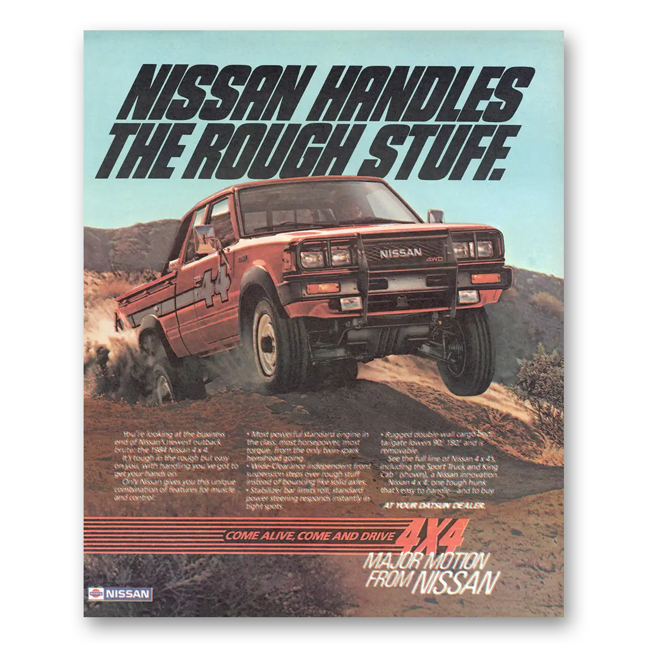 1984 Nissan 4x4 Handles the Rough Stuff Vintage Magazine Print Ad