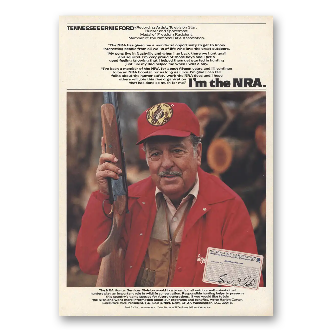 1984 National Rifle Association Tennessee Ernie Ford Vintage Magazine Print Ad