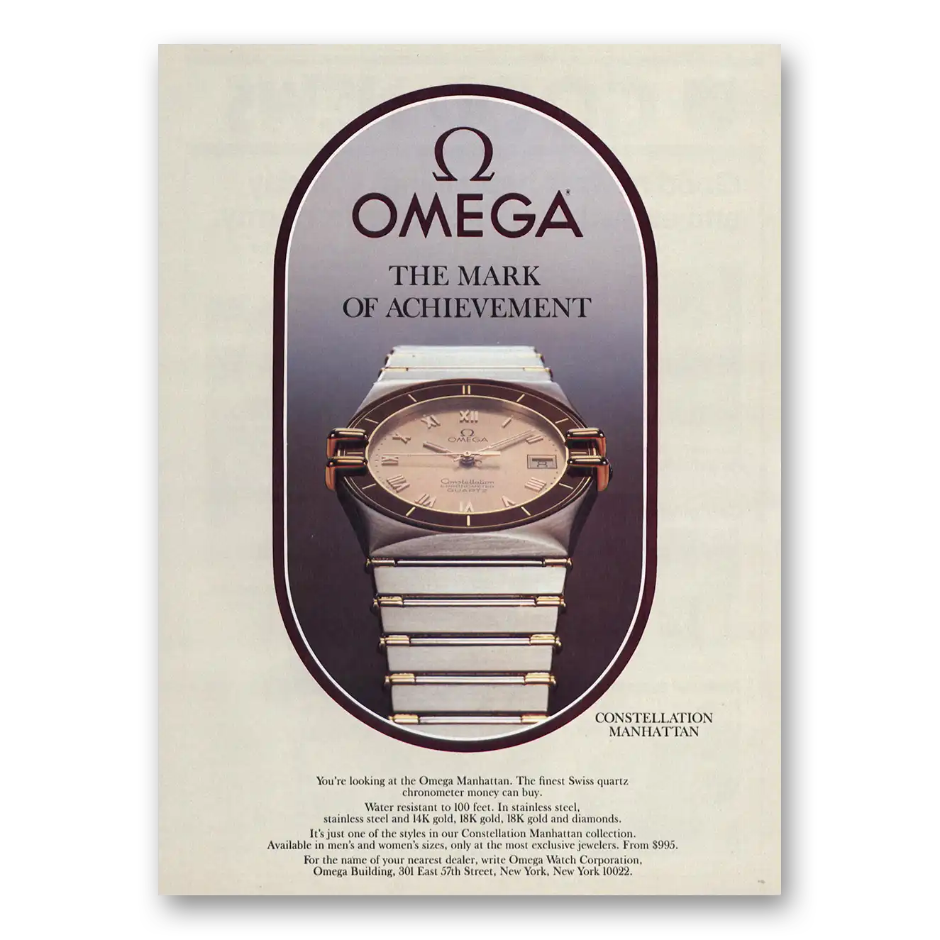 1984 Omega Watch Constellation Manhattan Vintage Magazine Print Ad