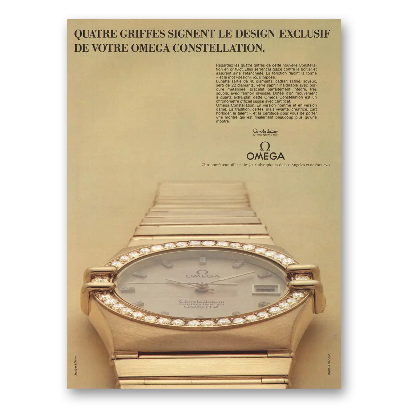 1984 Omega Watch Quatre Griffes Signent Le Design French Vintage Magazine Print Ad