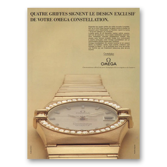 1984 Omega Watch Quatre Griffes Signent Le Design French Vintage Magazine Print Ad