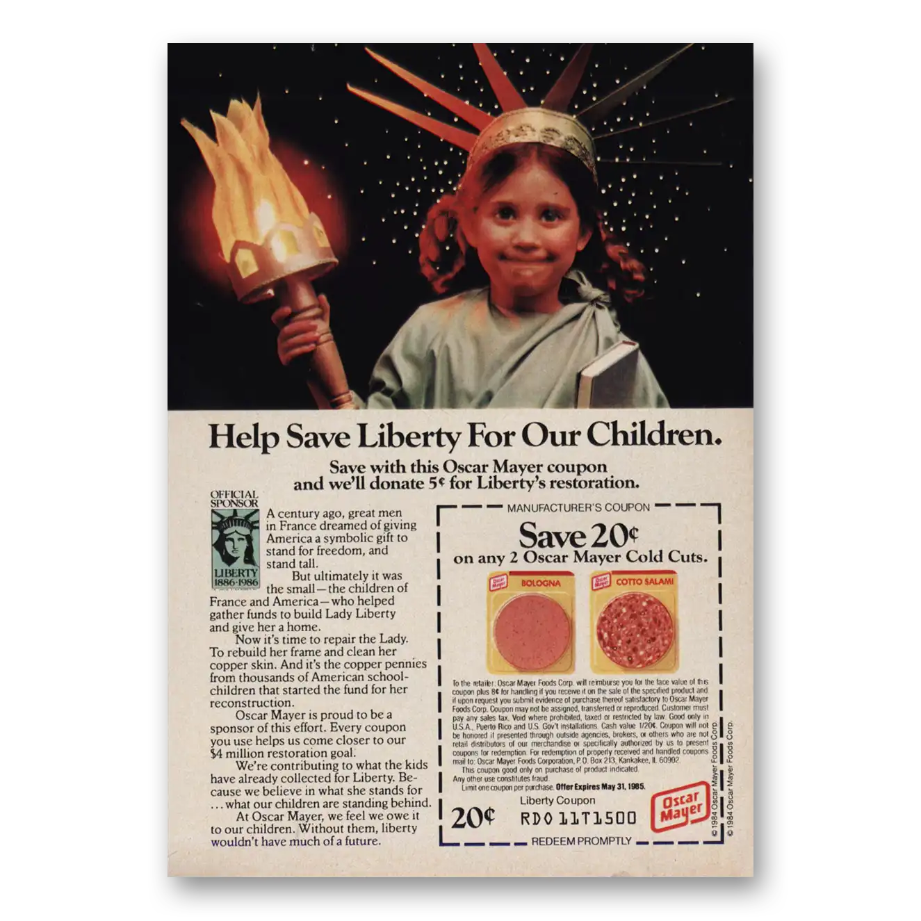 1984 Oscar Mayer Save Liberty For Our Children Vintage Magazine Print Ad