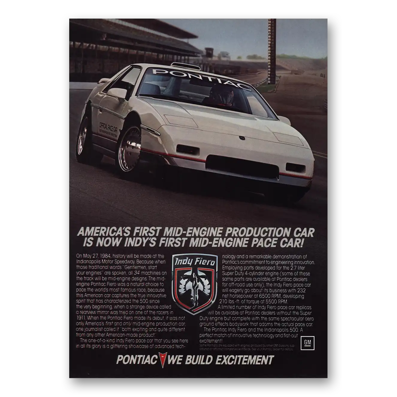 1984 Pontiac Fiero Indys Mid Engine Pace Car Vintage Magazine Print Ad