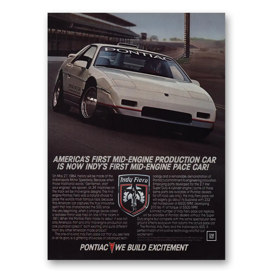 1984 Pontiac Fiero Indys Mid Engine Pace Car Vintage Magazine Print Ad