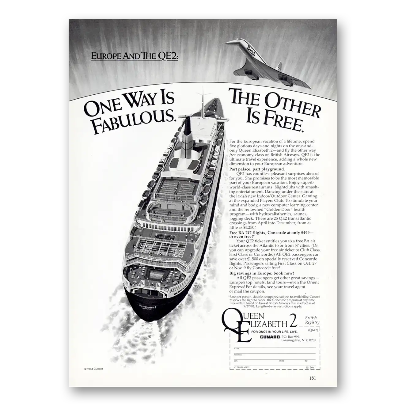 1984 Cunard One Way is Fabulous Concord Vintage Magazine Print Ad