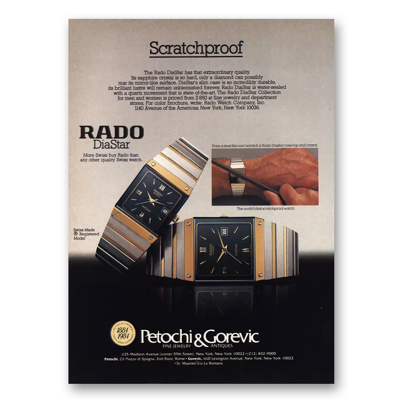 1984 Rado Scratchproof Vintage Magazine Print Ad