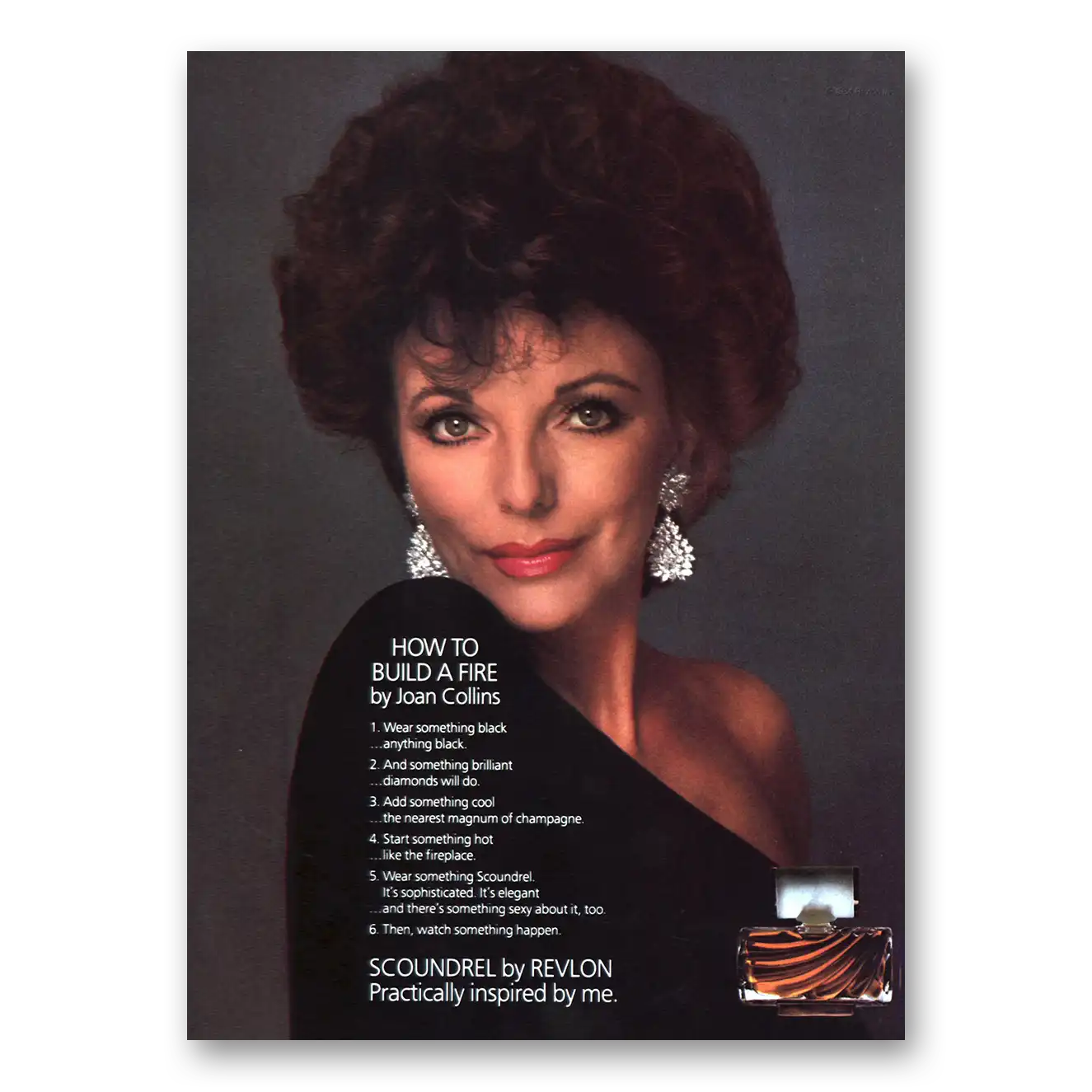 1984 Scoundrel Perfume Joan Collins Build a Fire Vintage Magazine Print Ad