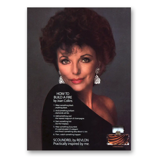 1984 Scoundrel Perfume Joan Collins Build a Fire Vintage Magazine Print Ad