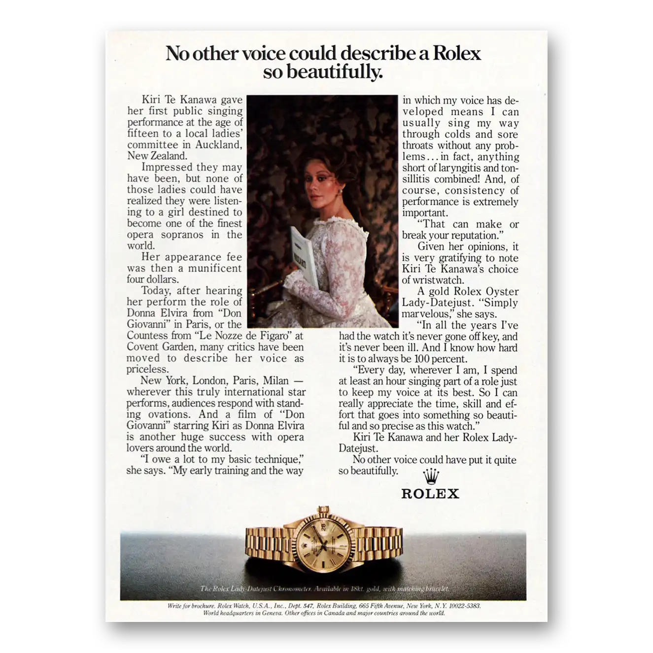 1984 Rolex Kiri Te Kanawa No Other Voice Vintage Magazine Print Ad