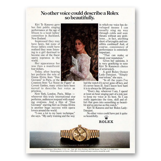 1984 Rolex Kiri Te Kanawa No Other Voice Vintage Magazine Print Ad