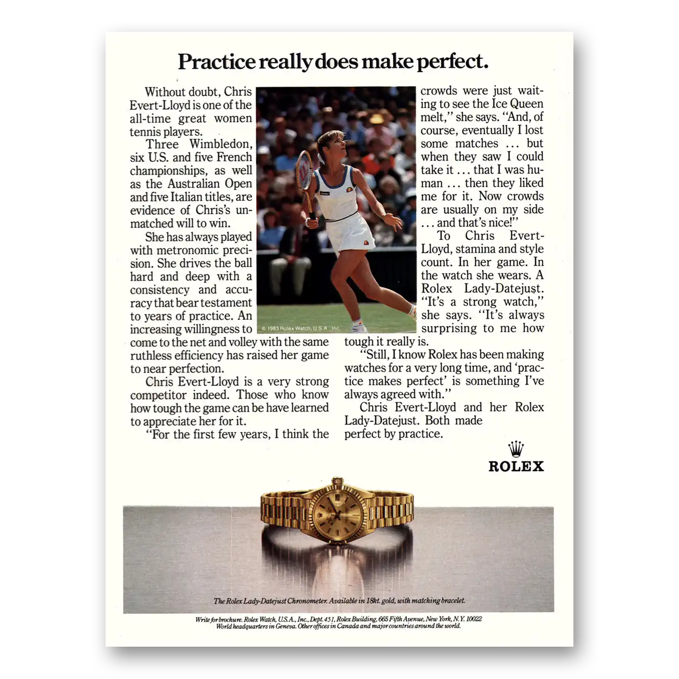 1984 Rolex Chris Evert Lloyd Vintage Magazine Print Ad