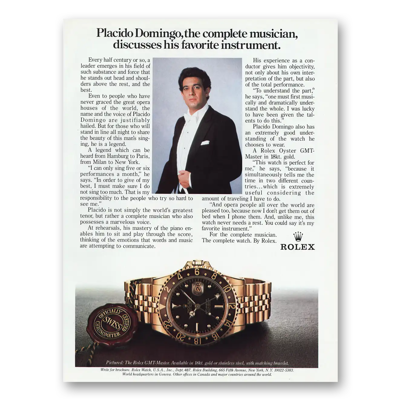 1984 Rolex GMT Master Placido Domingo Complete Musician Vintage Magazine Print Ad