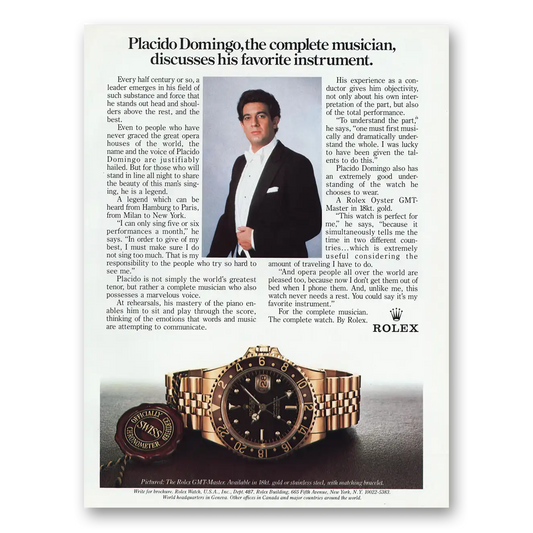 1984 Rolex GMT Master Placido Domingo Complete Musician Vintage Magazine Print Ad