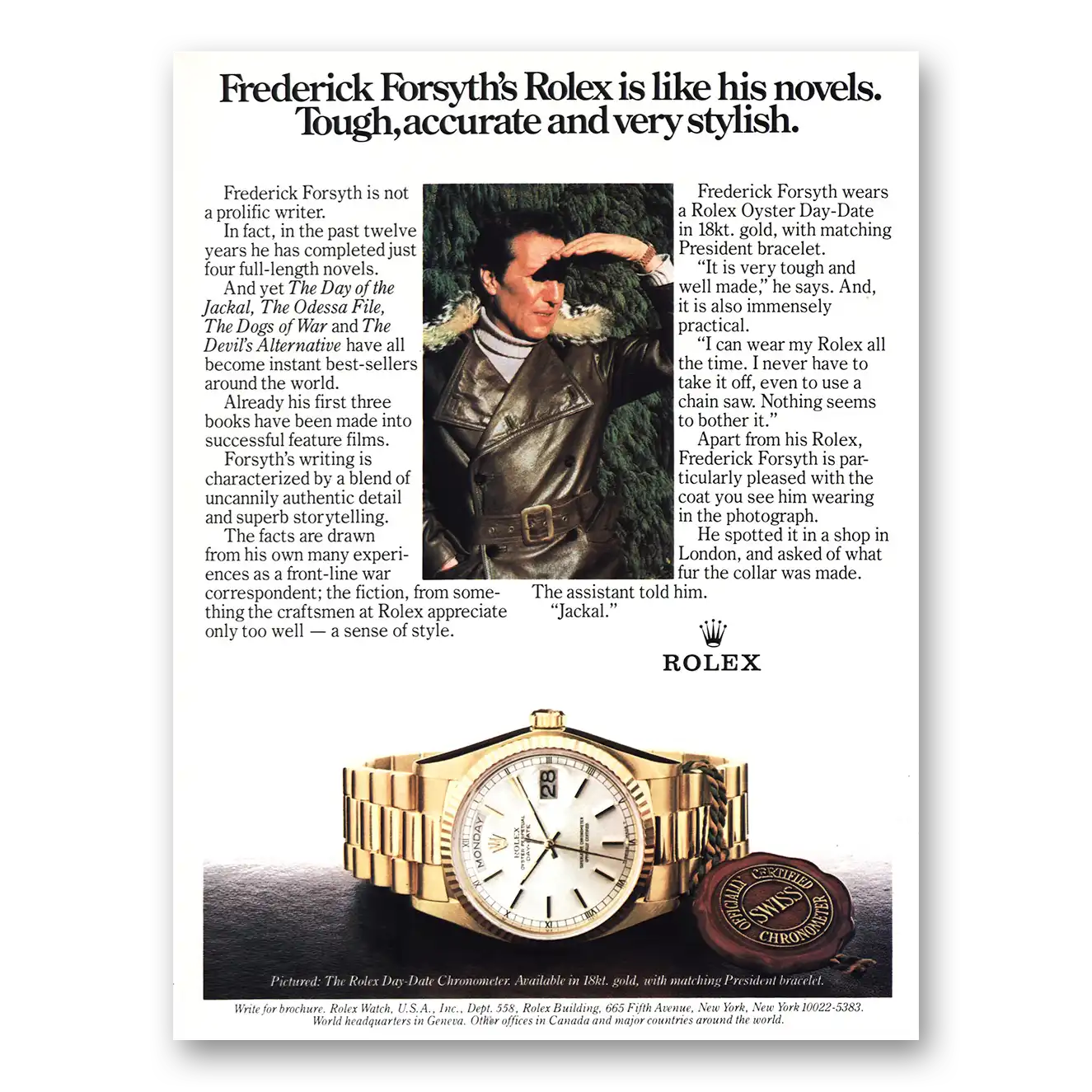 1984 Rolex Frederick Forsyth Vintage Magazine Print Ad