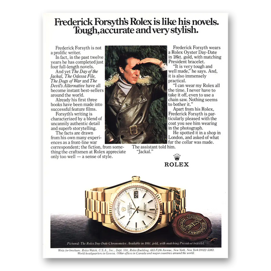 1984 Rolex Frederick Forsyth Vintage Magazine Print Ad