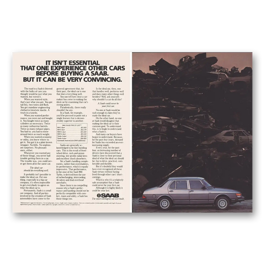 1984 Saab Can Be Very Convincing Junk Yard Vintage Magazine Print Ad