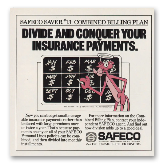 1984 Safeco Insurance Pink Panther Divide Conqueur Vintage Magazine Print Ad