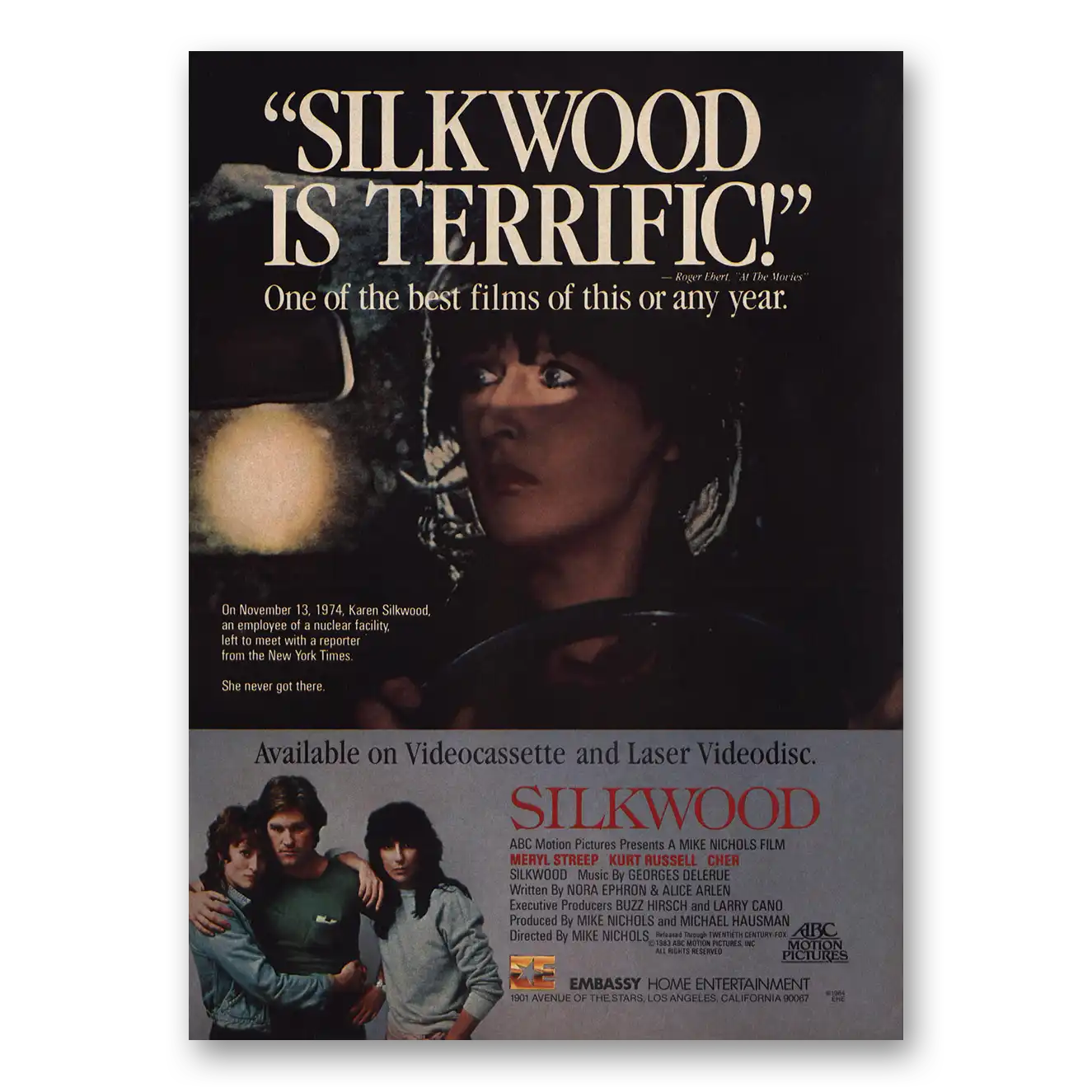 1984 Silkwood Movie Promo Cher and Meryl Streep Vintage Magazine Print Ad