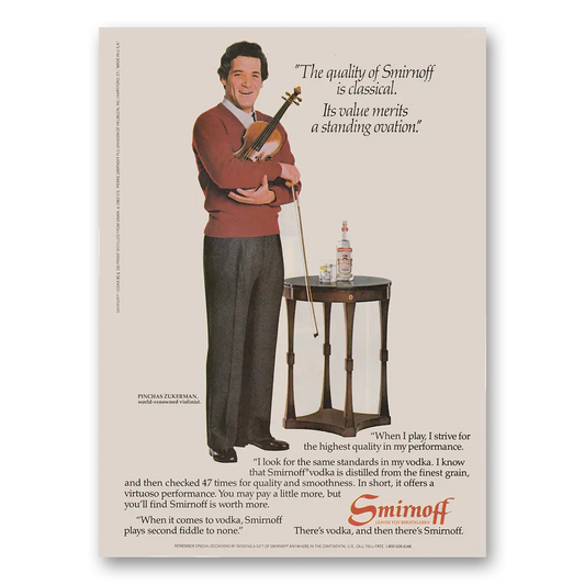 1984 Smirnoff Vodka Pinchas Zuckerman Violinist Vintage Magazine Print Ad