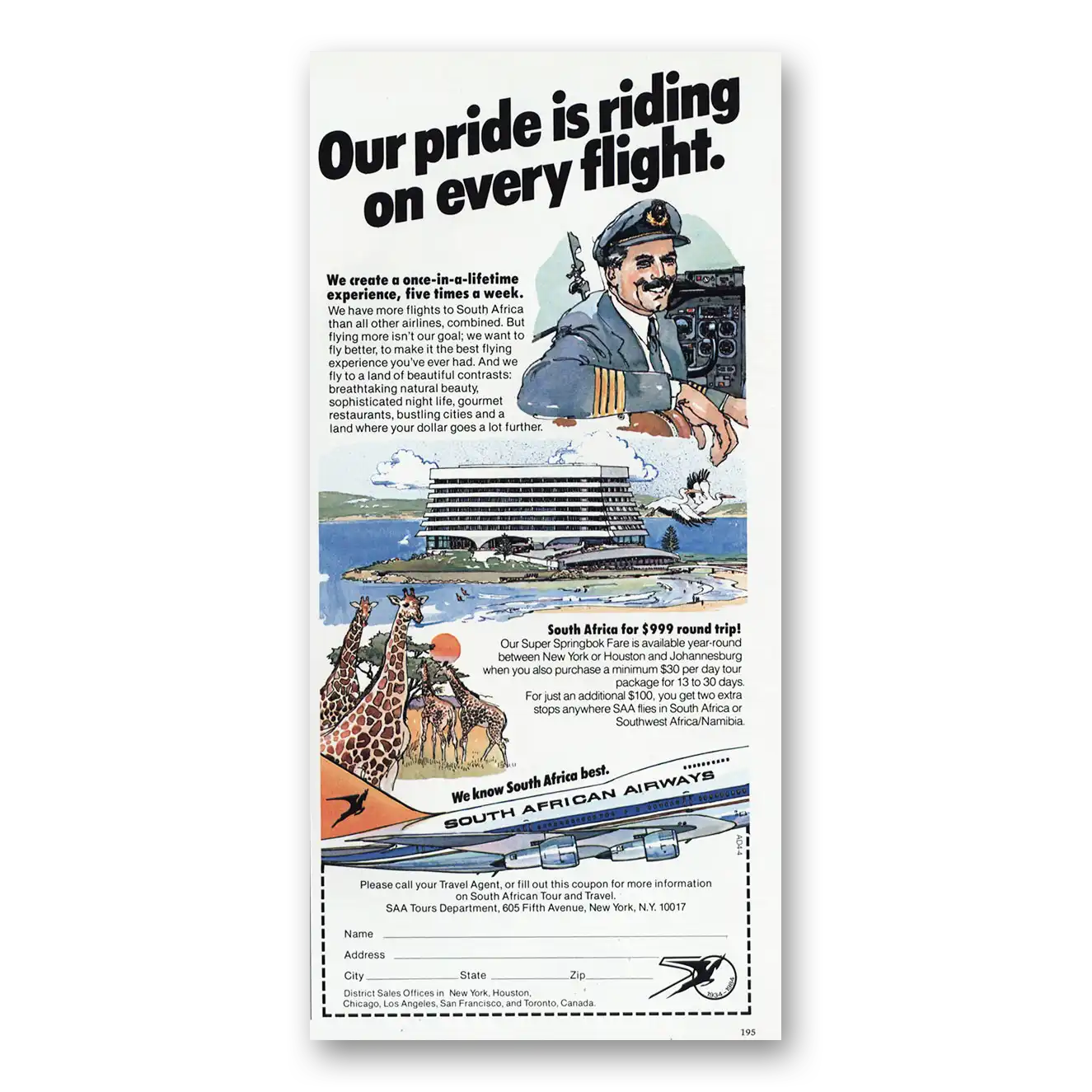 1984 South African Airways Pride Is Riding On Every Flight Vintage Magazine Print Ad