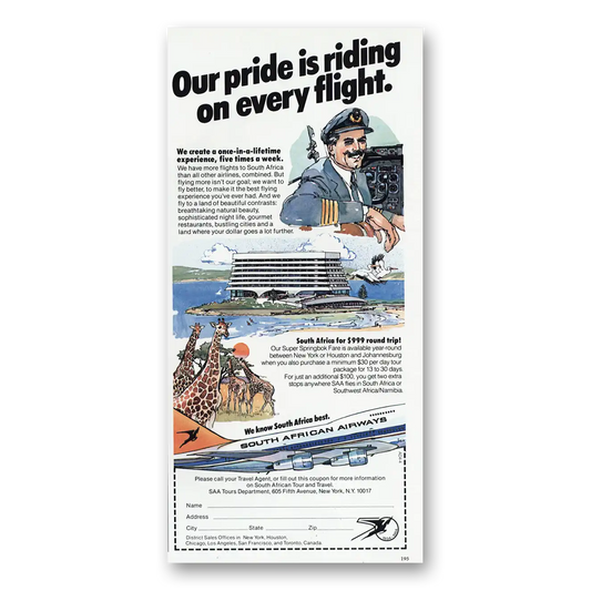 1984 South African Airways Pride Is Riding On Every Flight Vintage Magazine Print Ad