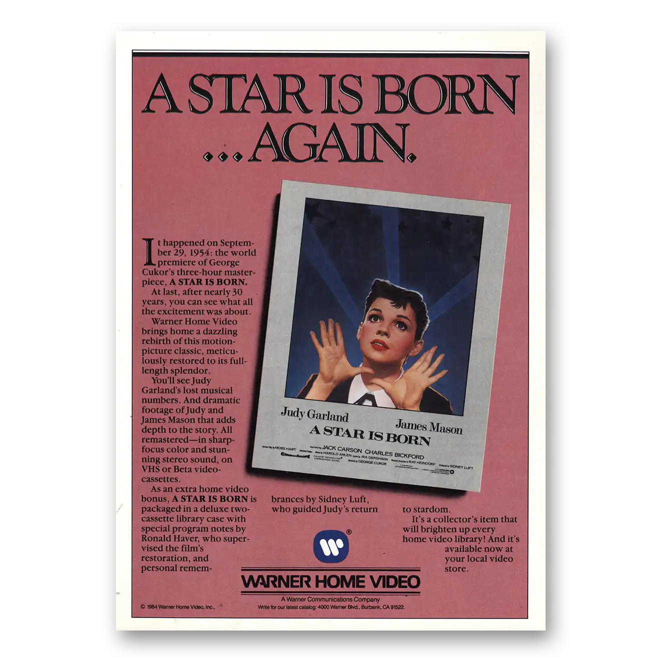 1984 A Star Is Born Promo Judy Garland Vintage Magazine Print Ad