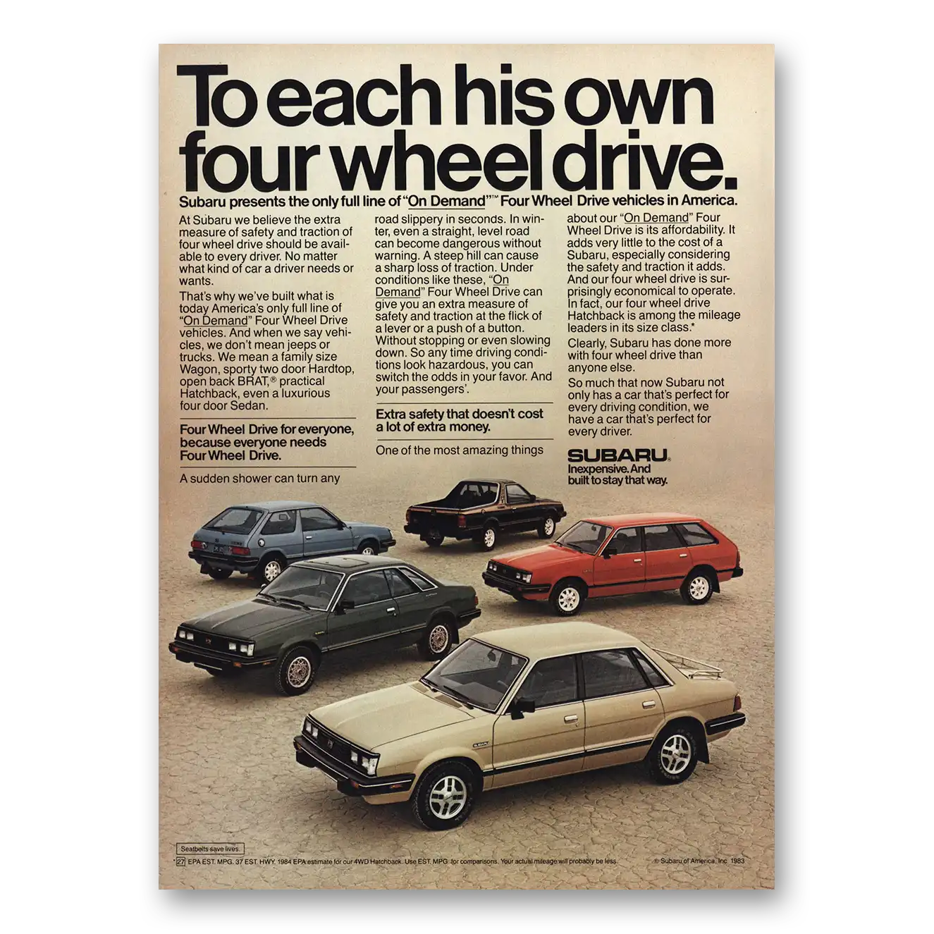 1984 Subaru To Each His Own Four Wheel Drive Vintage Magazine Print Ad