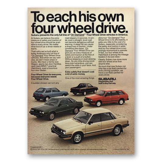 1984 Subaru To Each His Own Four Wheel Drive Vintage Magazine Print Ad