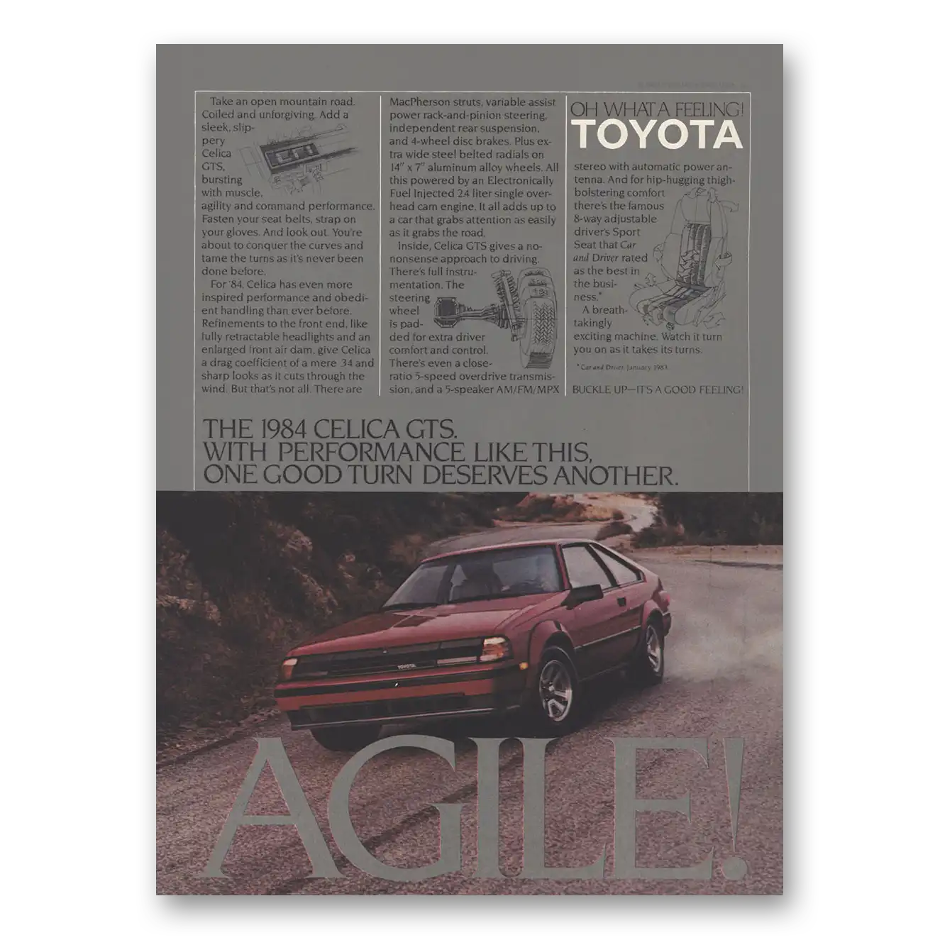 1984 Toyota Celica GTS Agile Vintage Magazine Print Ad