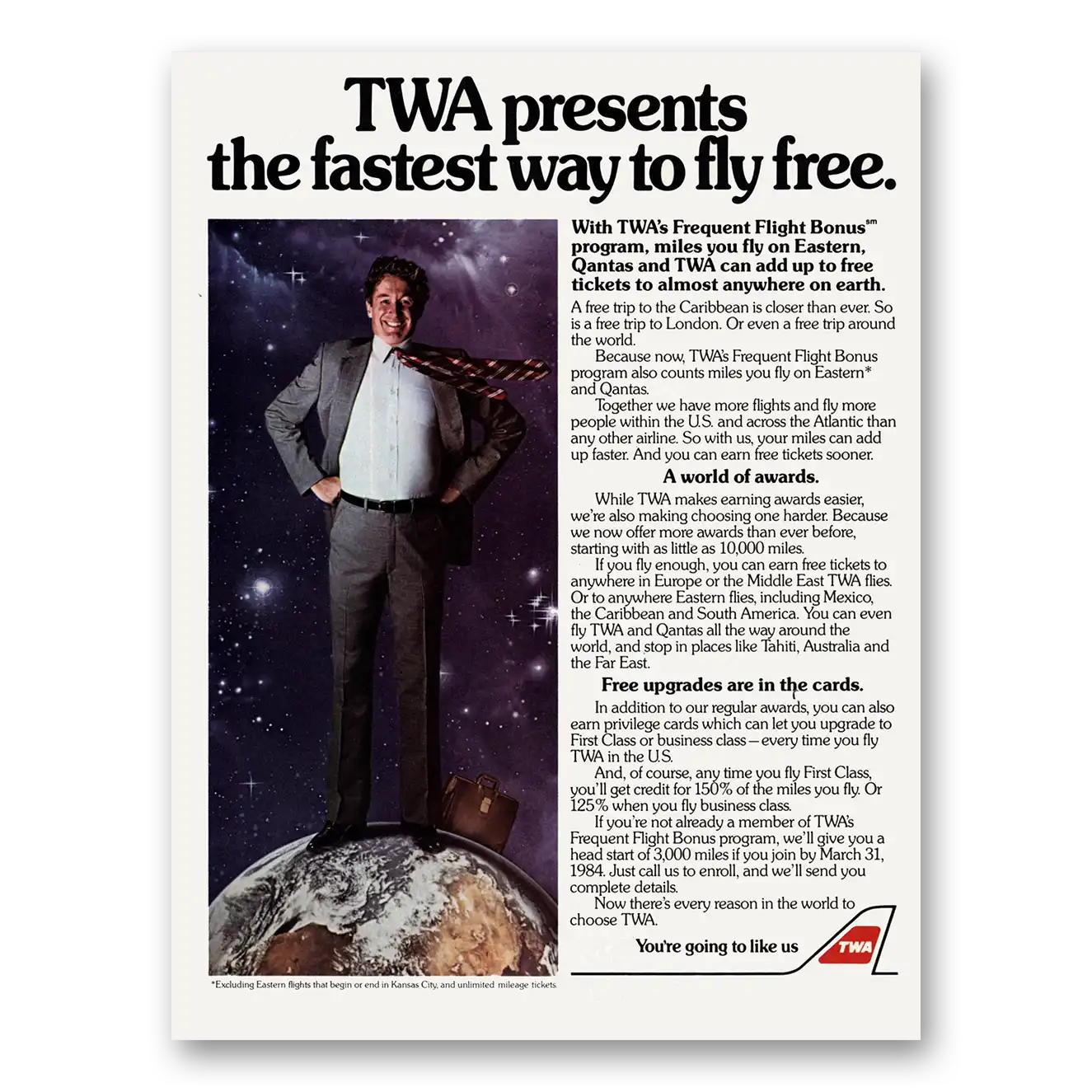 1984 TWA Airlines Fastest Way to Fly Free Vintage Magazine Print Ad