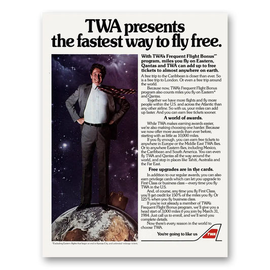 1984 TWA Airlines Fastest Way to Fly Free Vintage Magazine Print Ad