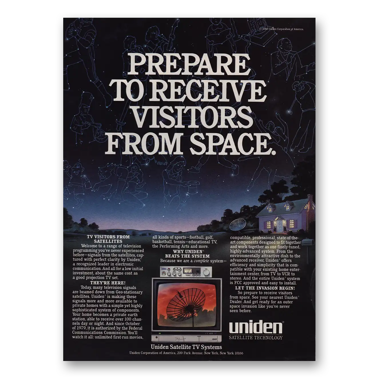 1984 Uniden Satellite TV Prepare to Receive Visitors From Space Vintage Magazine Print Ad