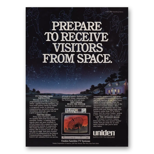 1984 Uniden Satellite TV Prepare to Receive Visitors From Space Vintage Magazine Print Ad