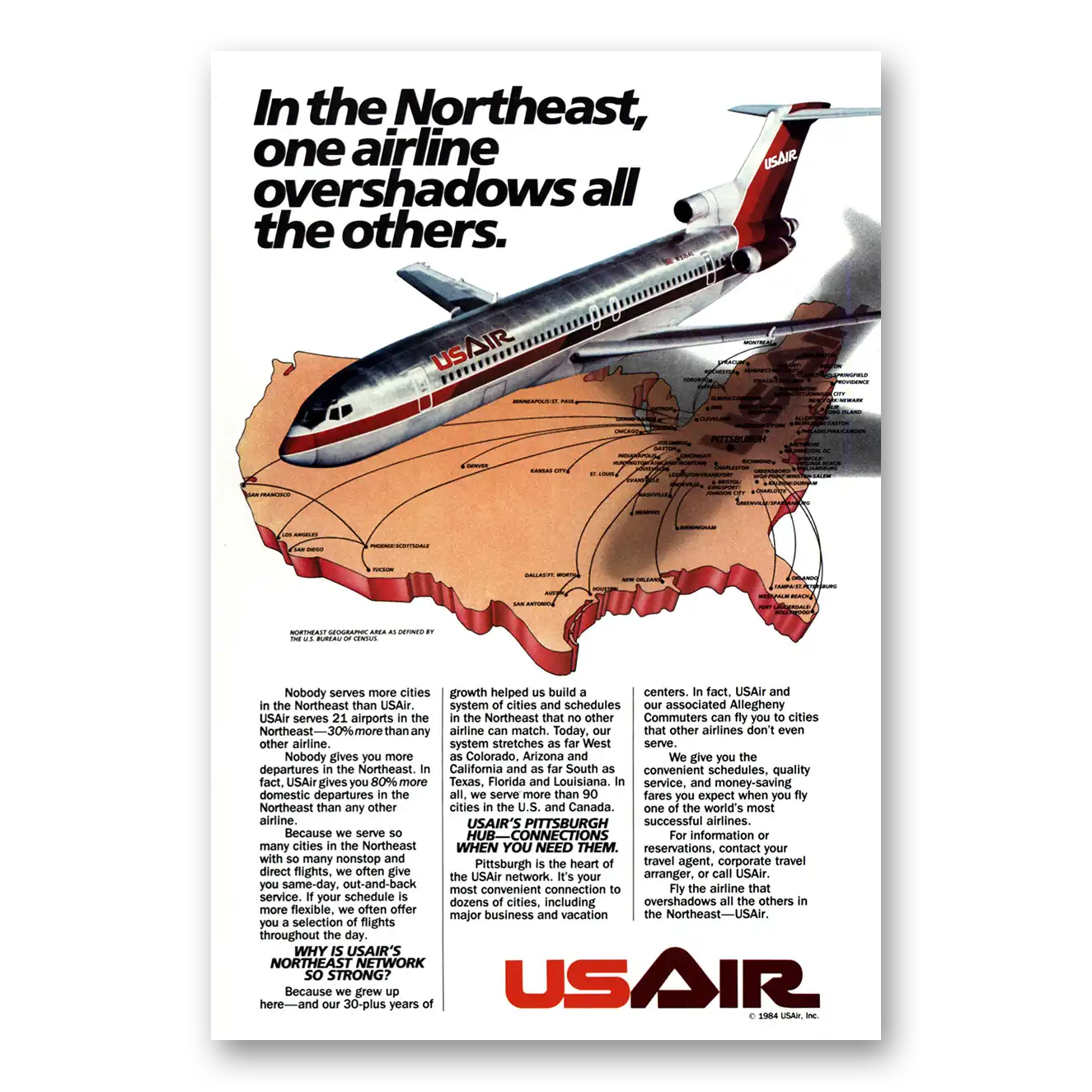 1984 US Air Northeast One Airline Overshadows Vintage Magazine Print Ad