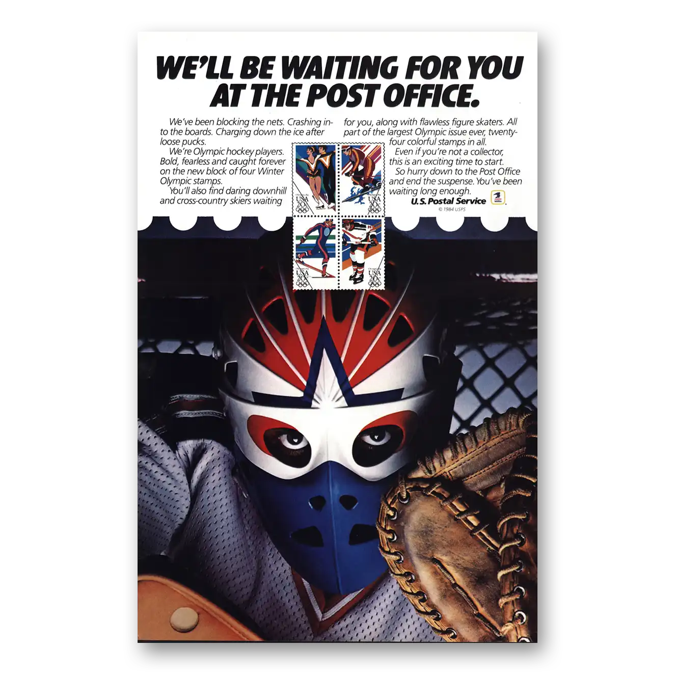 1984 United States Postal Service USPS Olympic Hockey Vintage Magazine Print Ad