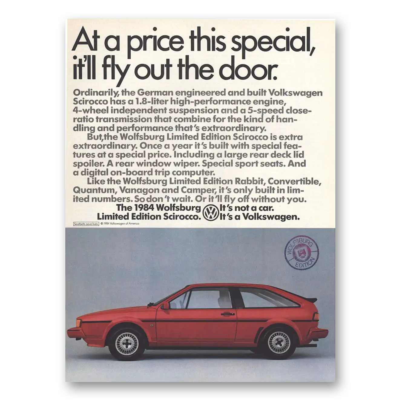 1984 Volkswagen Wolfsburg Edition At a Price This Special Vintage Magazine Print Ad