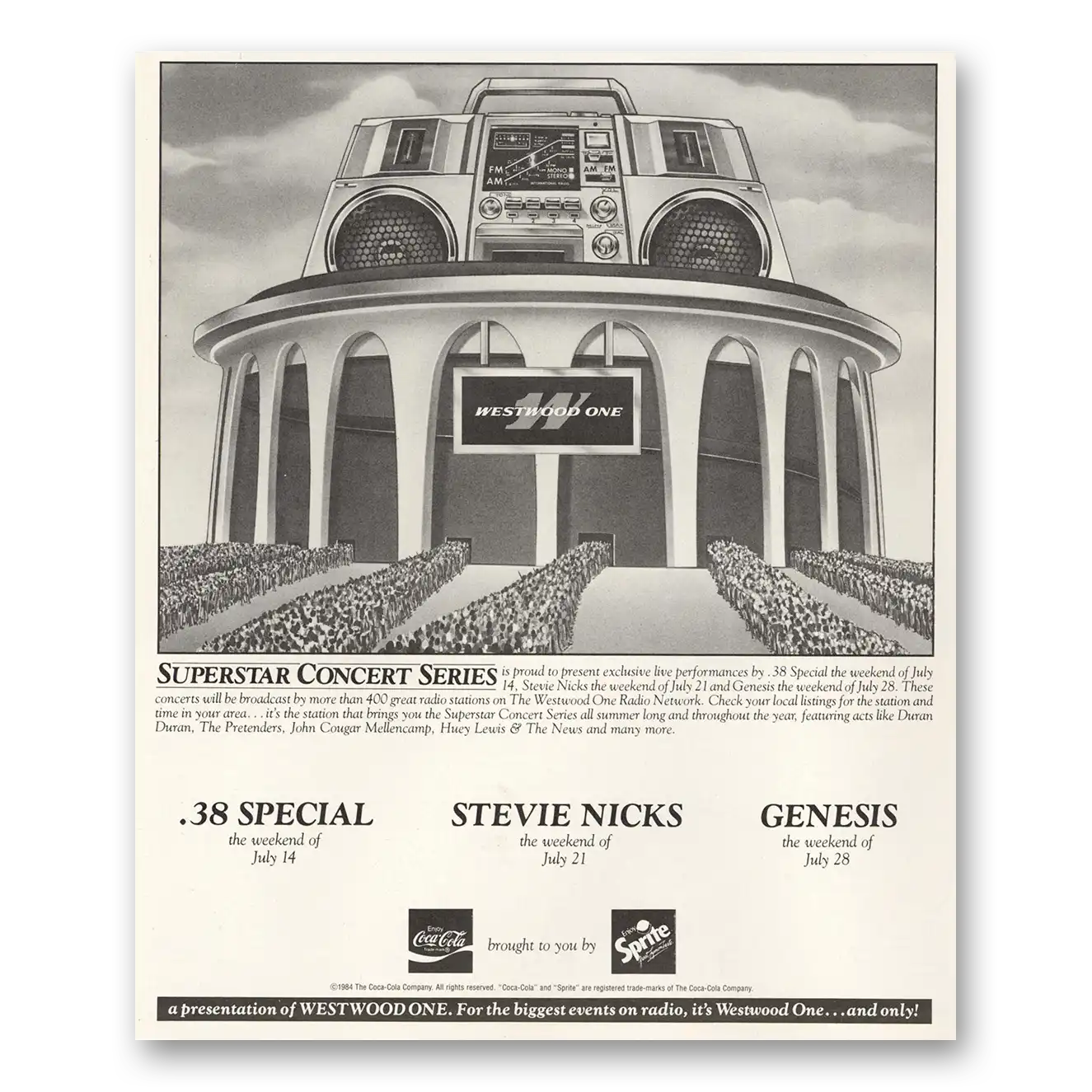 1984 Superstar Concert Series Promo Stevie Nicks 38 Special and Genesis Vintage Magazine Print Ad