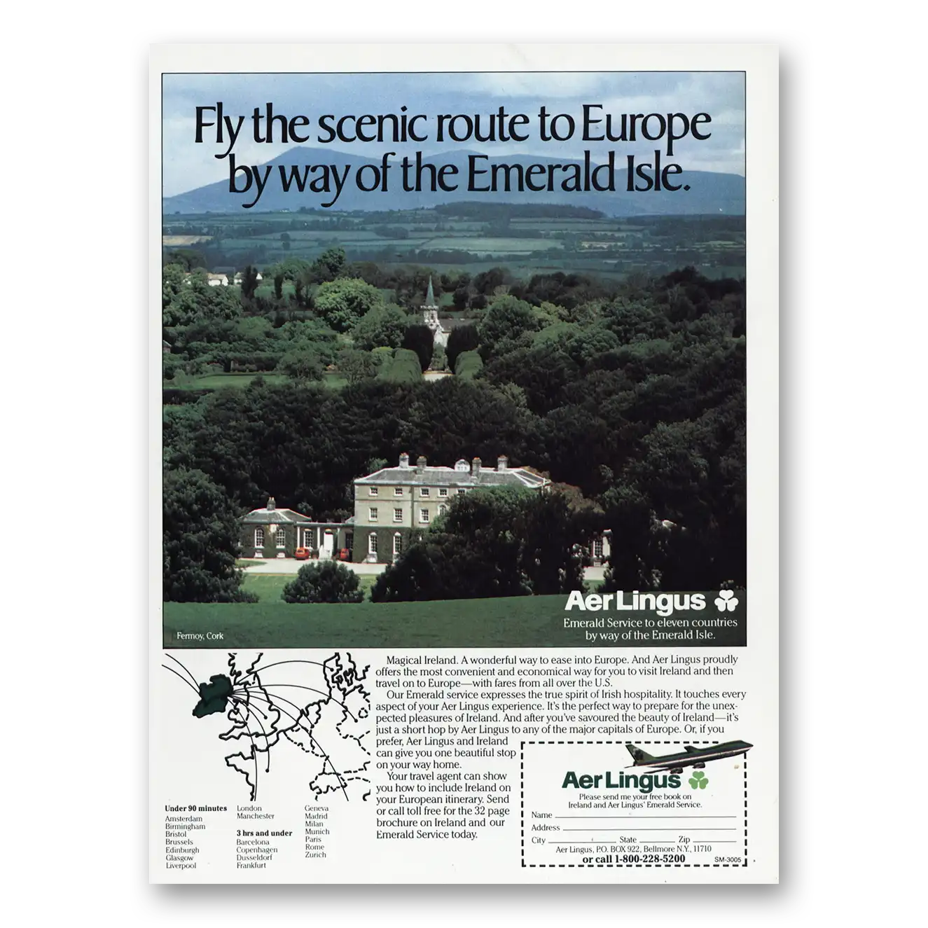 1985 Irish Aer Lingus Scenic Route By Way of the Emerald Isle Vintage Magazine Print Ad