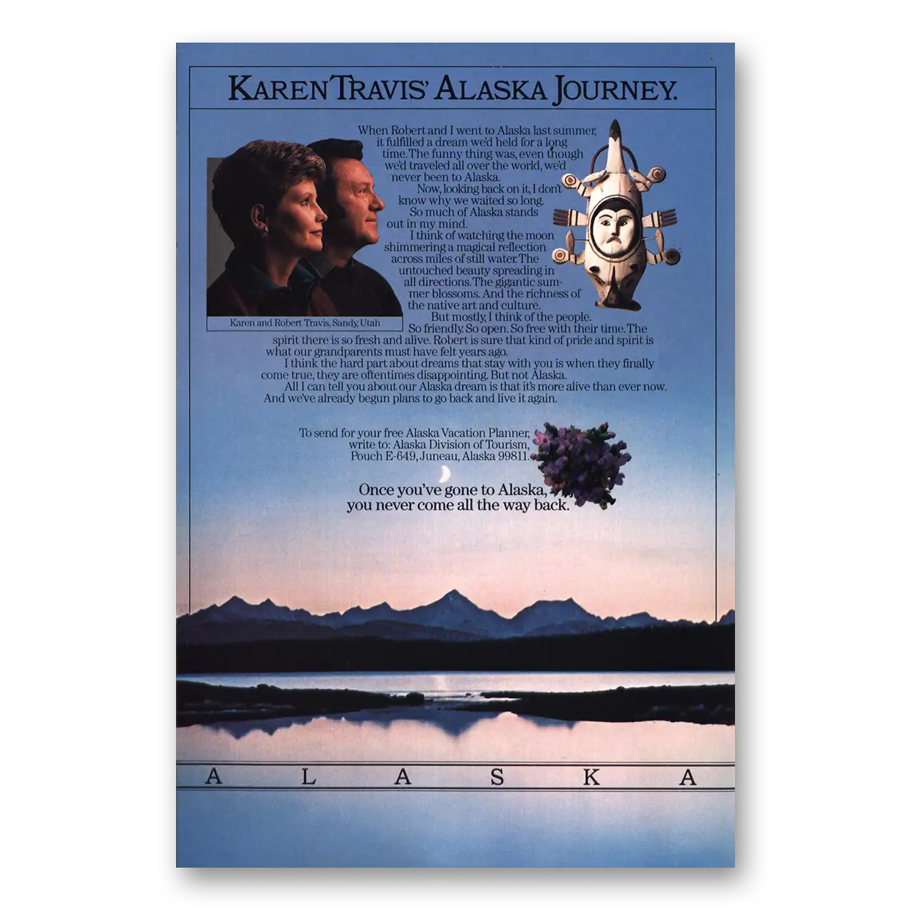 1985 Alaska Karen Travis Alaska Journey Vintage Magazine Print Ad